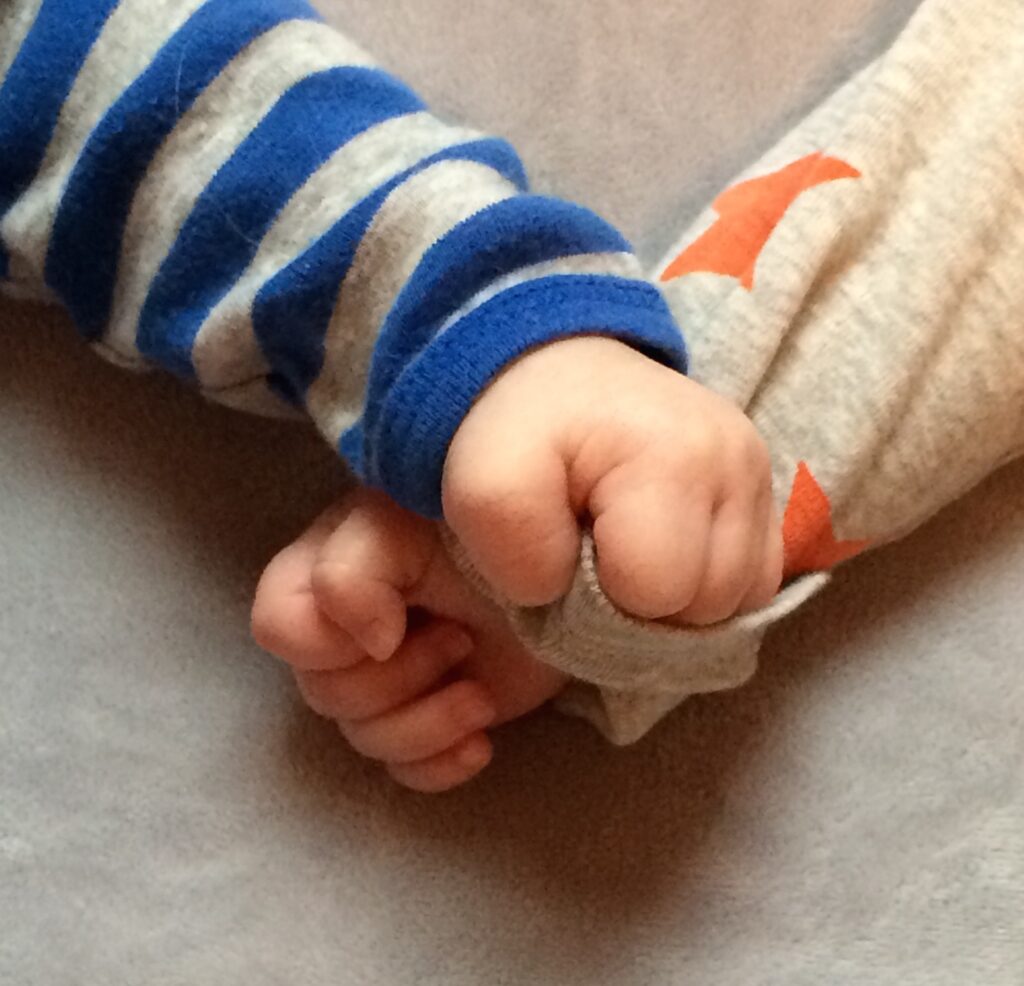 Two peachy-skinned baby hands. One